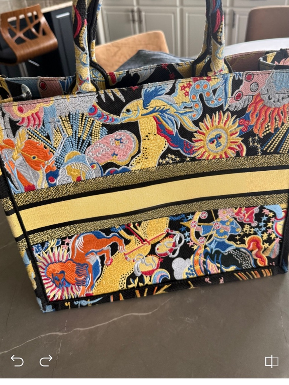 Embroidered Multicolor Canvas Tote with Yellow Stripe